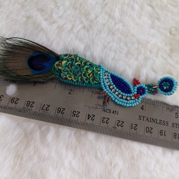 Peacock Beaded Feather Earrings - Picture 4 of 5